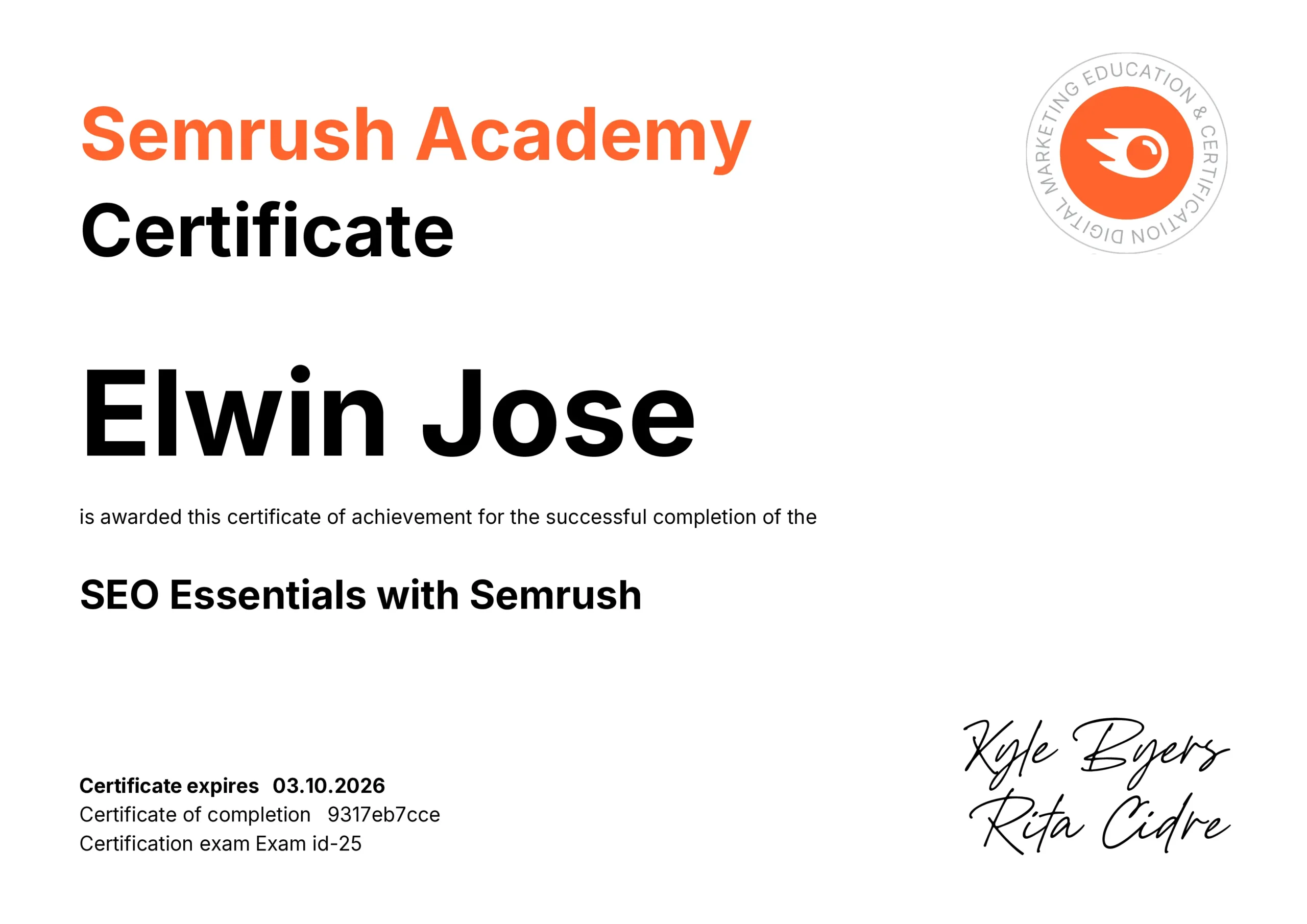 seo semrush certificate